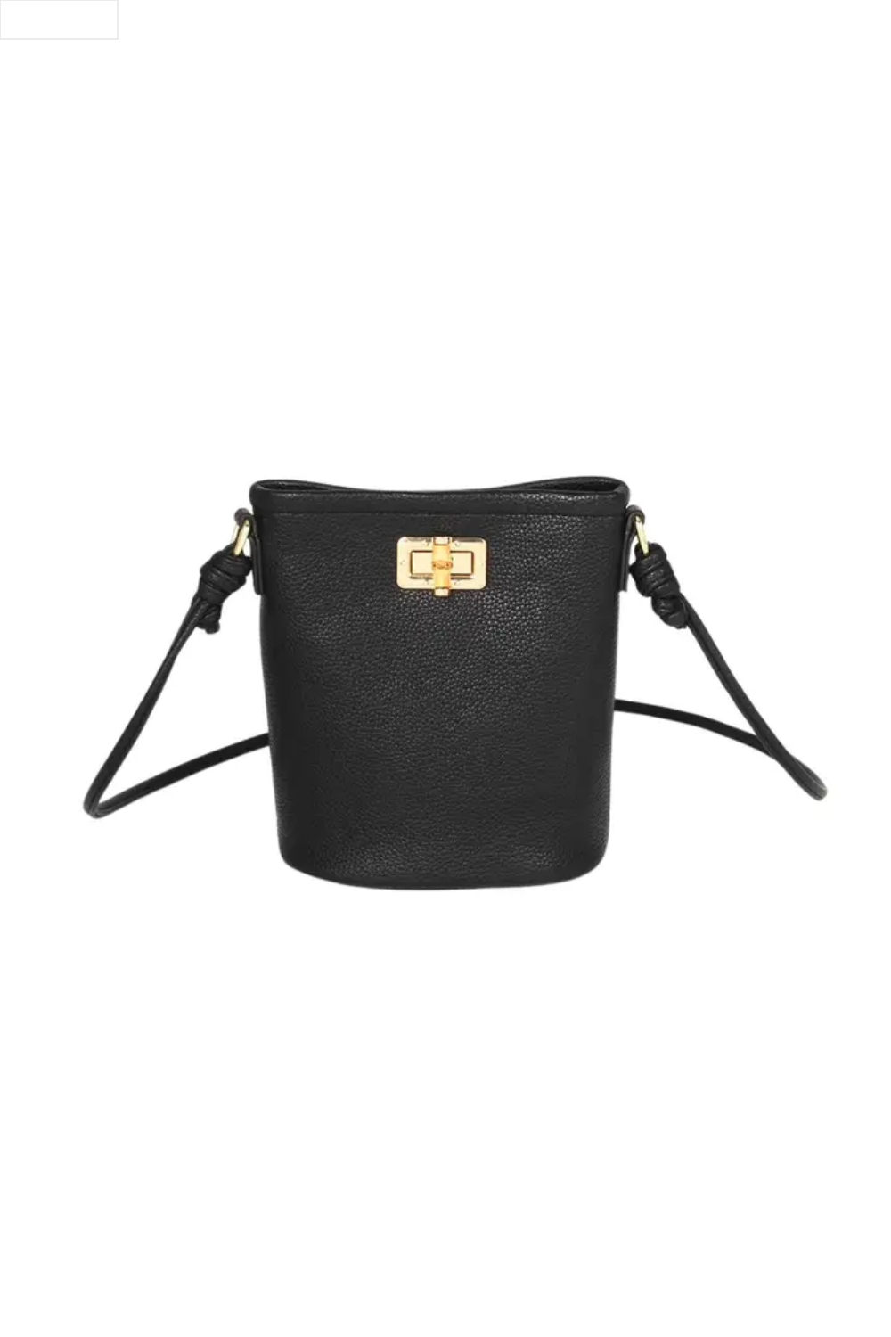 Black handbag with a gold clasp on a white background