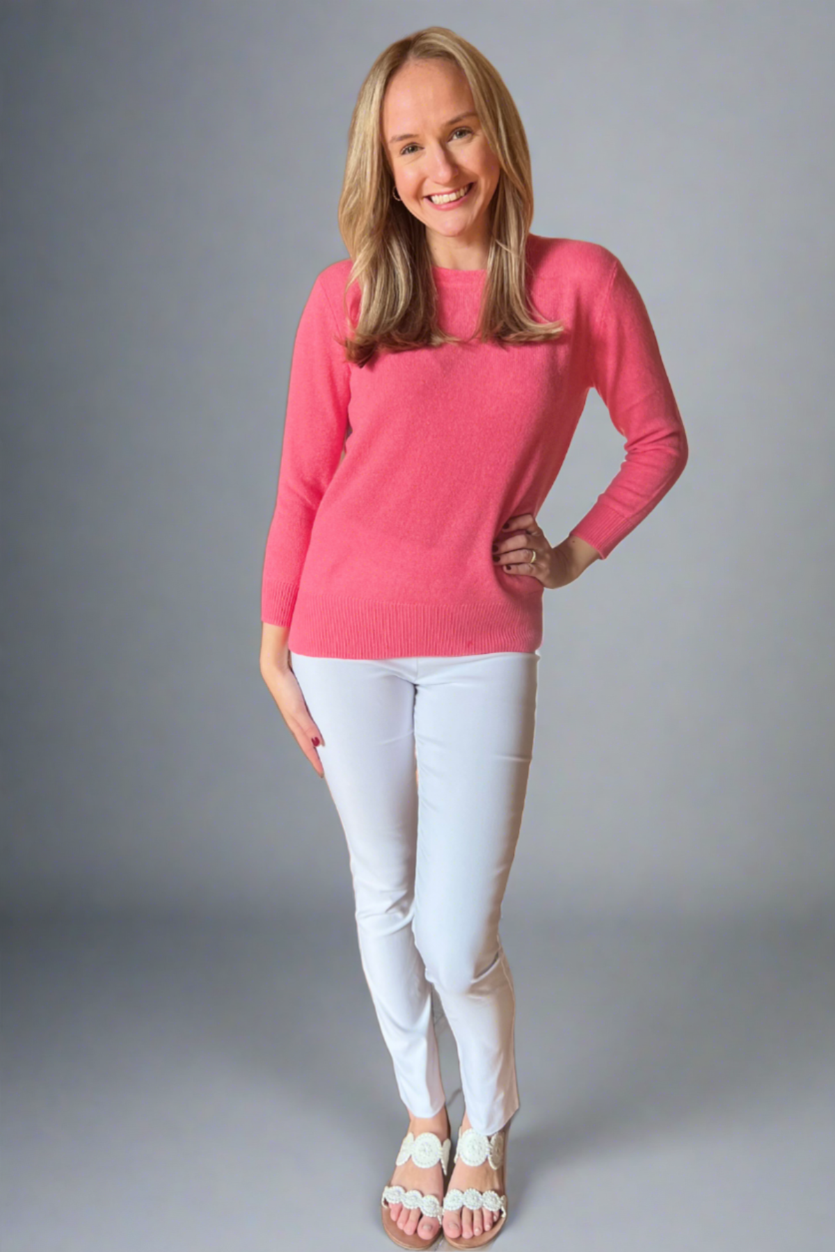 Woman in peony cashmere pullover