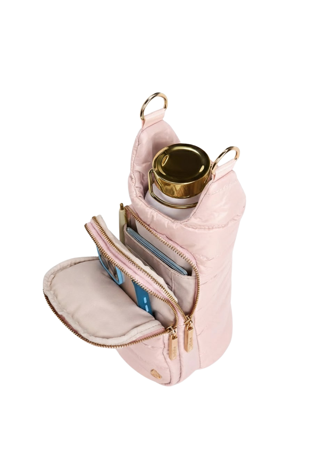 Pink quilted handbag with a gold clasp on a white background