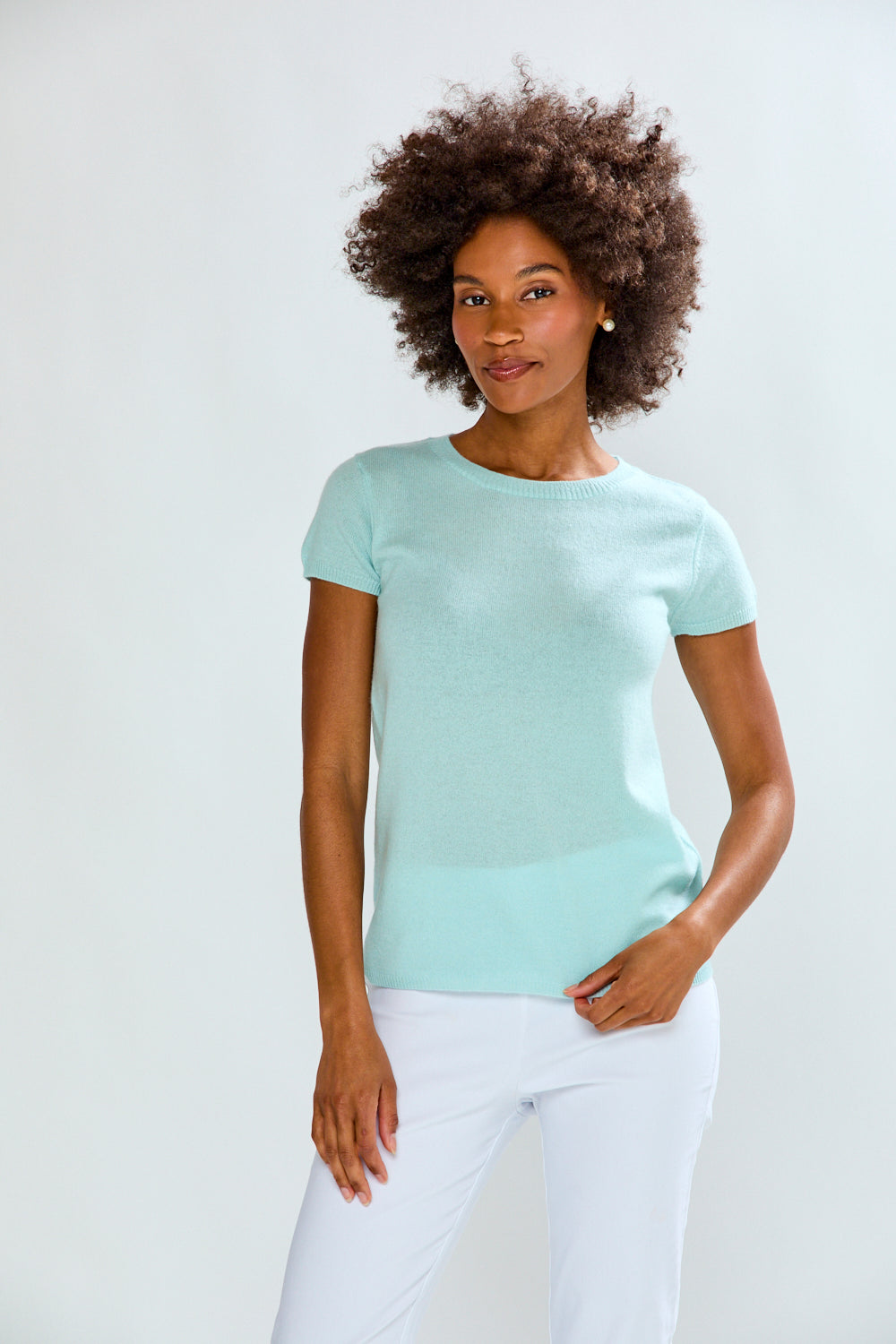 woman in sea glass t-shirt