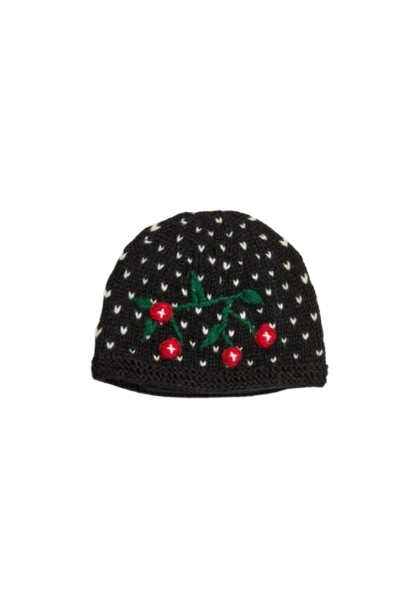 Black knit beanie with cherries and green leaves on a white background