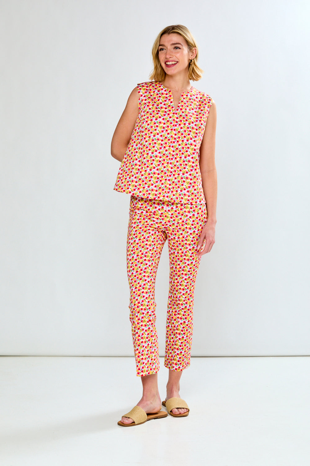 woman in floral pants