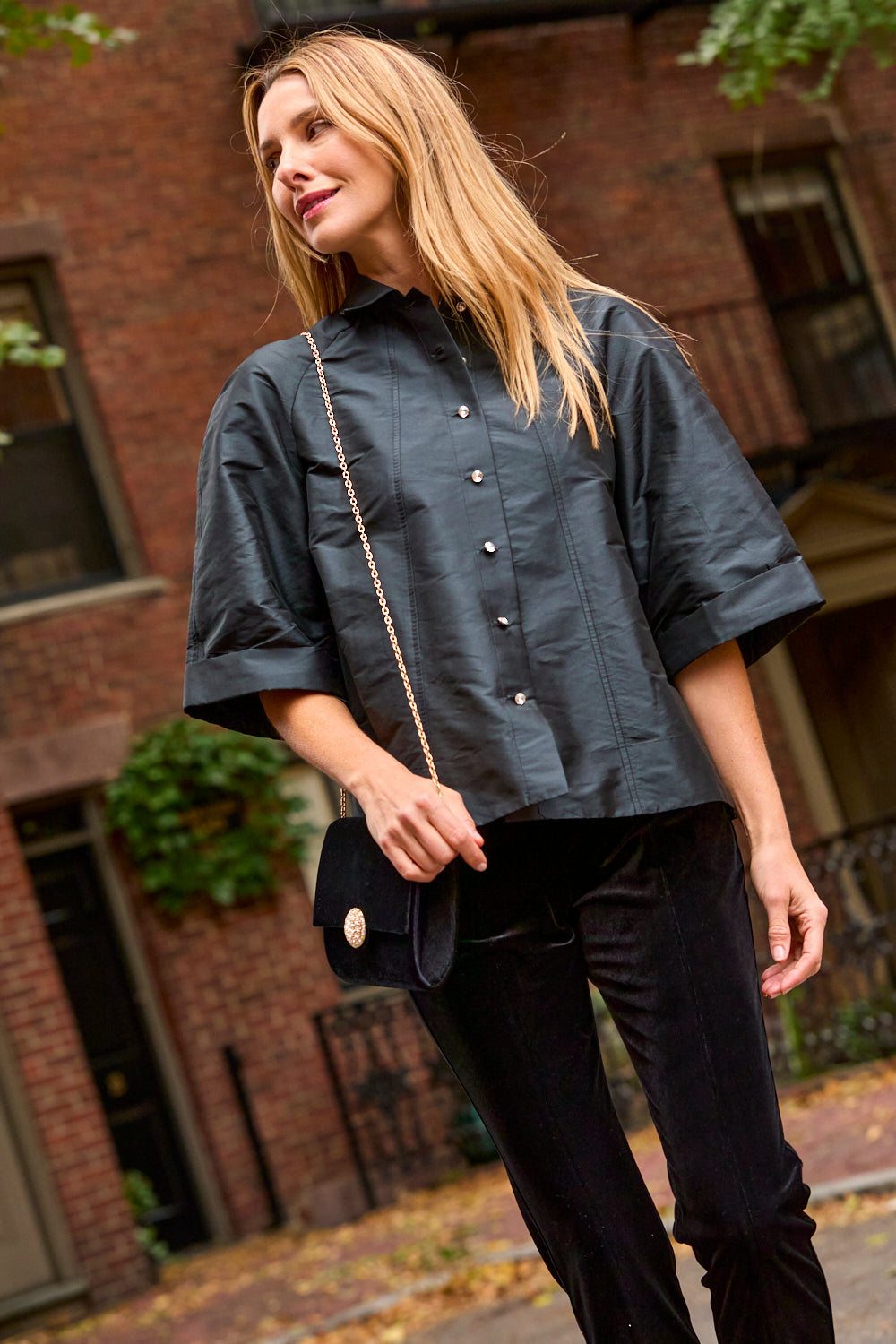 Woman wearing a black blouse