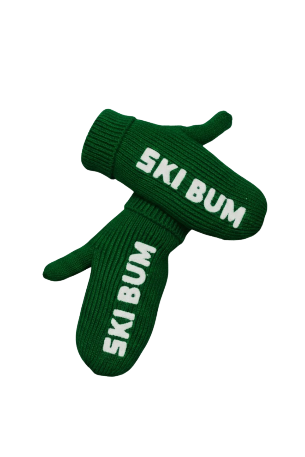 Green ski gloves with 'Ski Bum' text on a white background