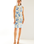 Woman in blue floral dress