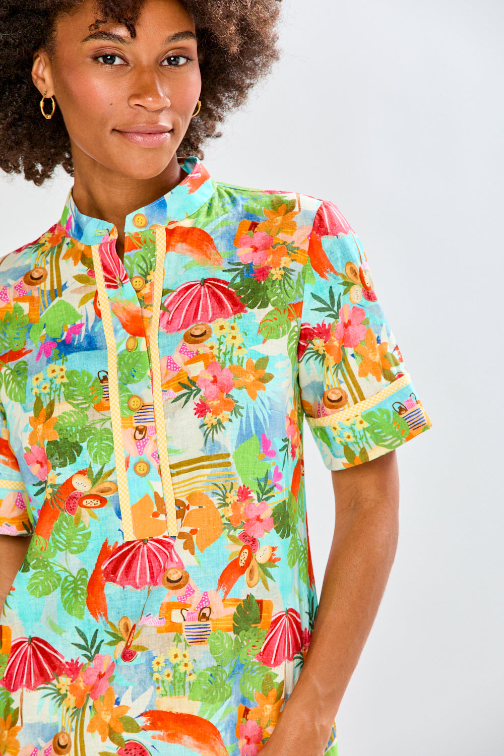 Woman in tropical full length dress