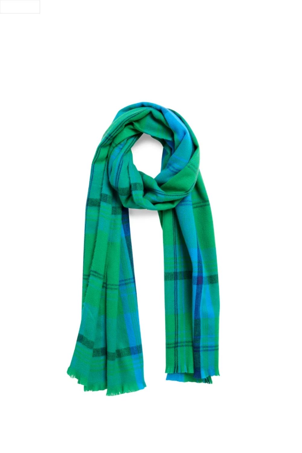 Green and blue plaid scarf on a white background