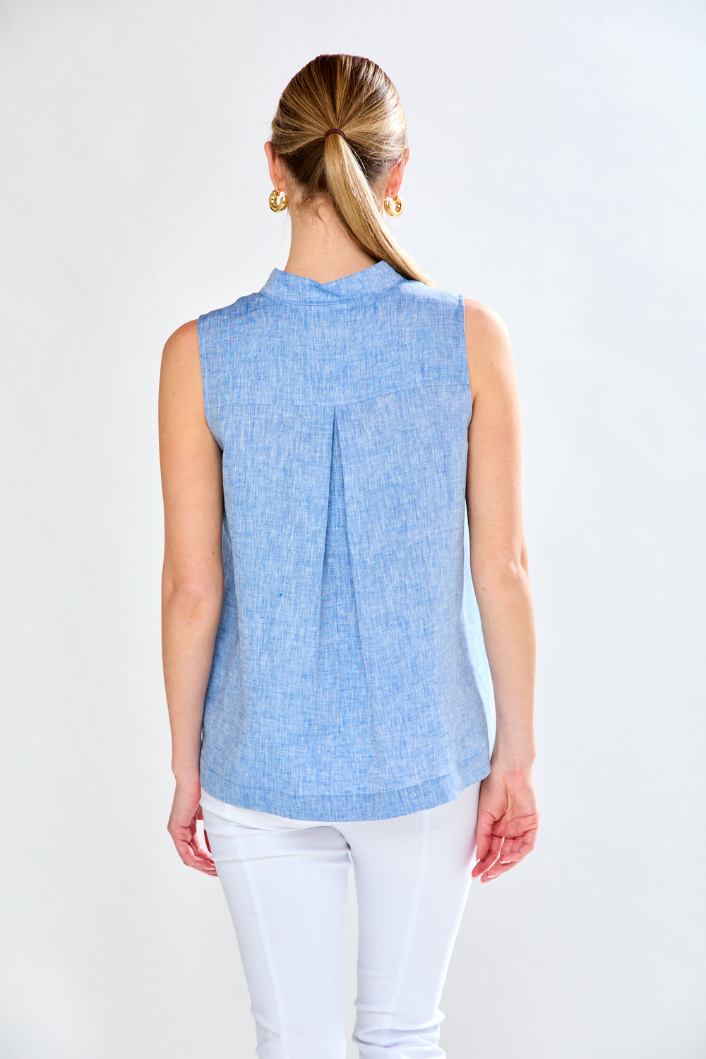 Woman in chambray linen top