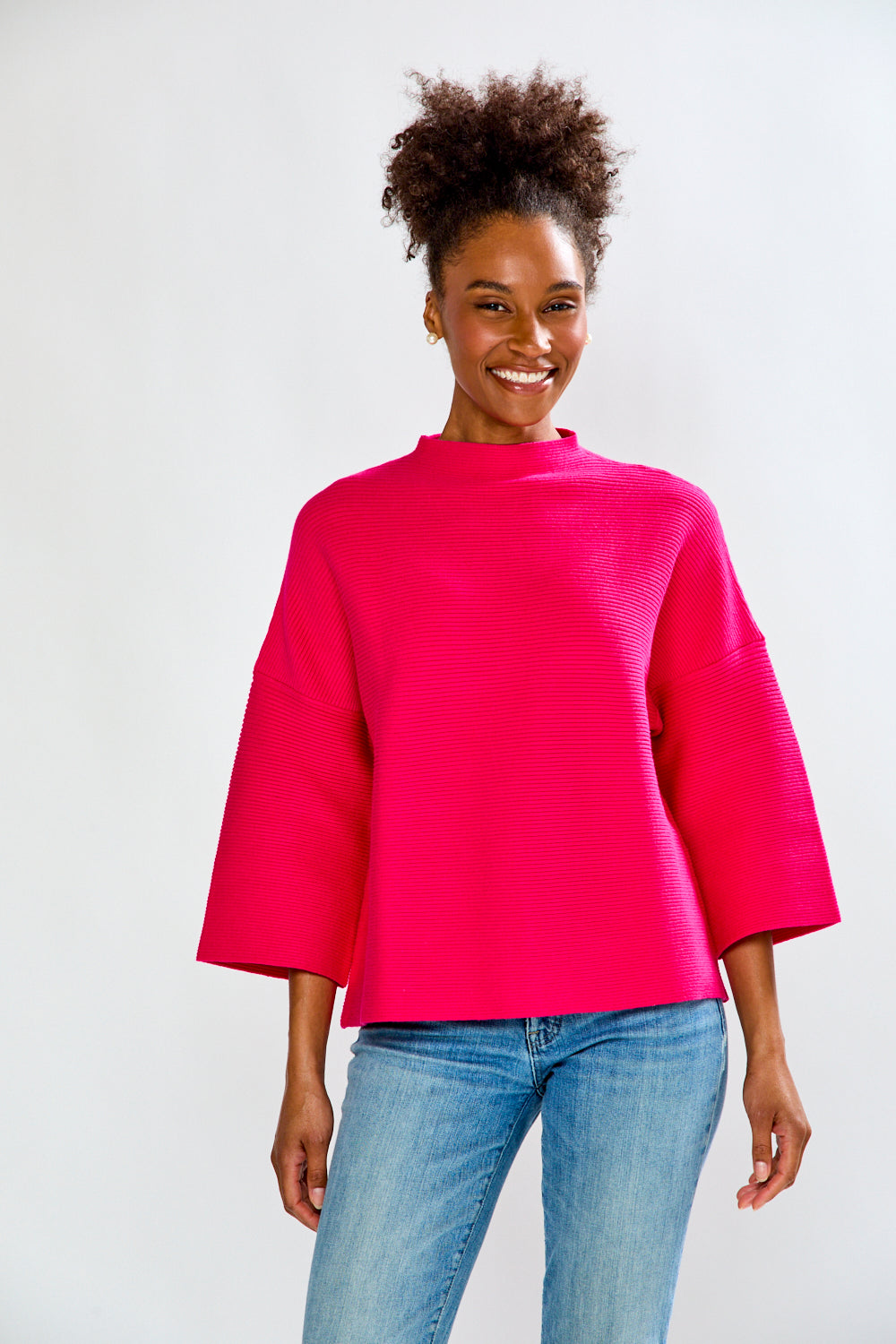 Woman wearing The Ribbed 3/4 Sleeve Pullover in Navy