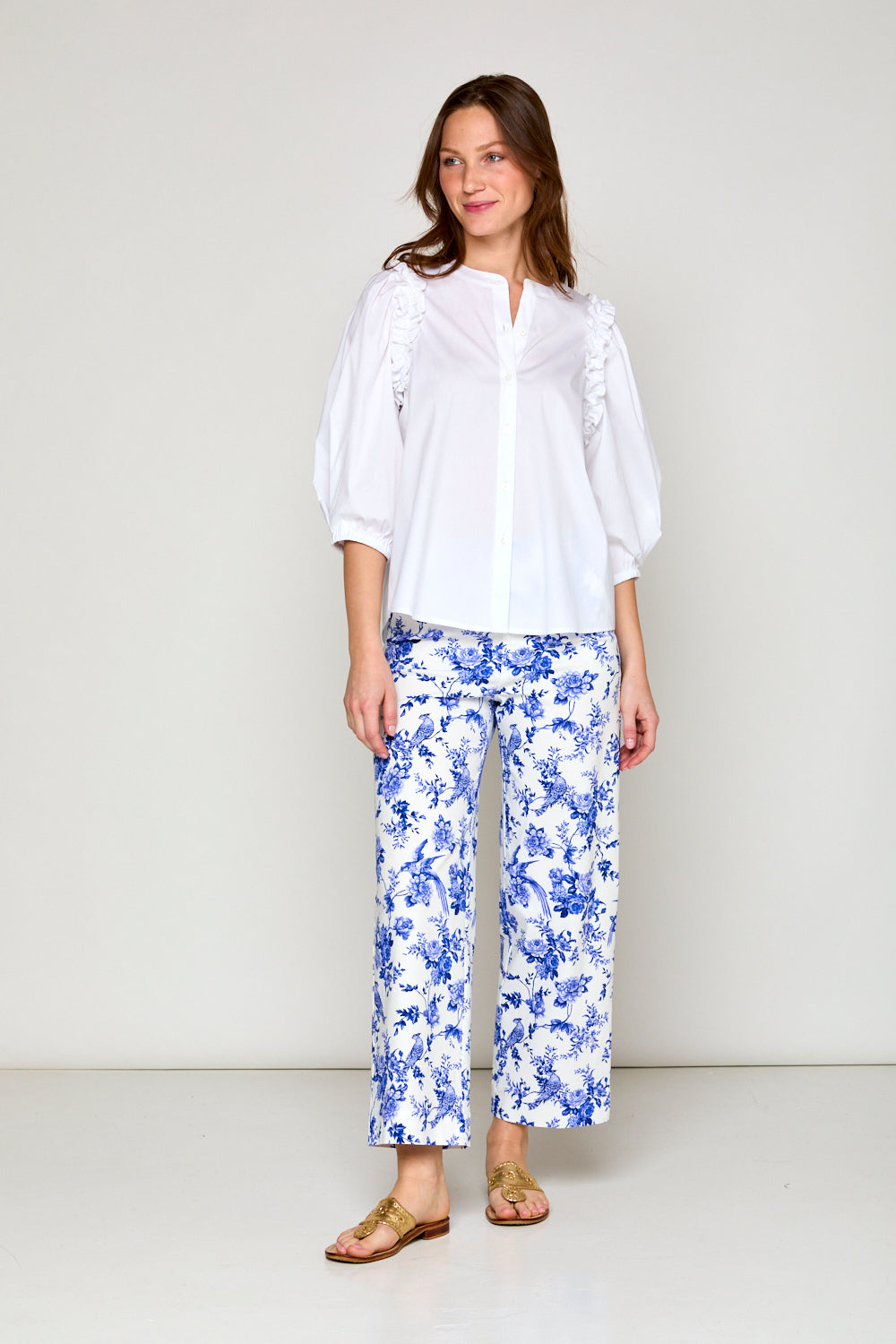 Woman in blue and white wide leg pant