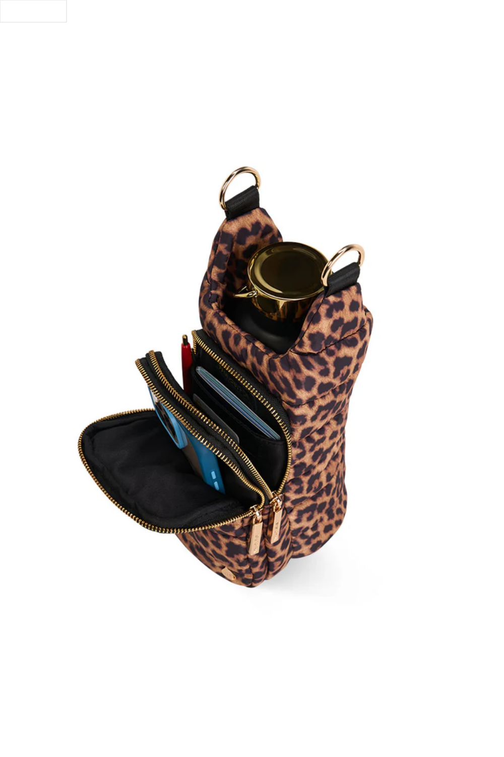 Leopard print water bottle crossbody bag with a black strap on a white background