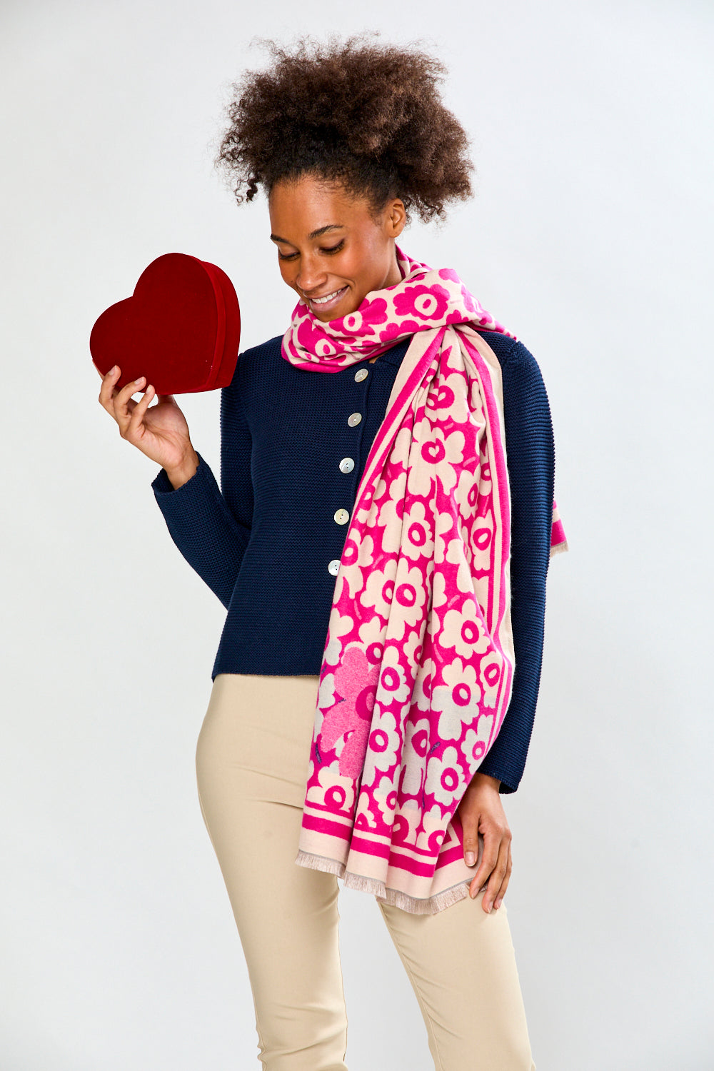 Woman in pink floral scarf