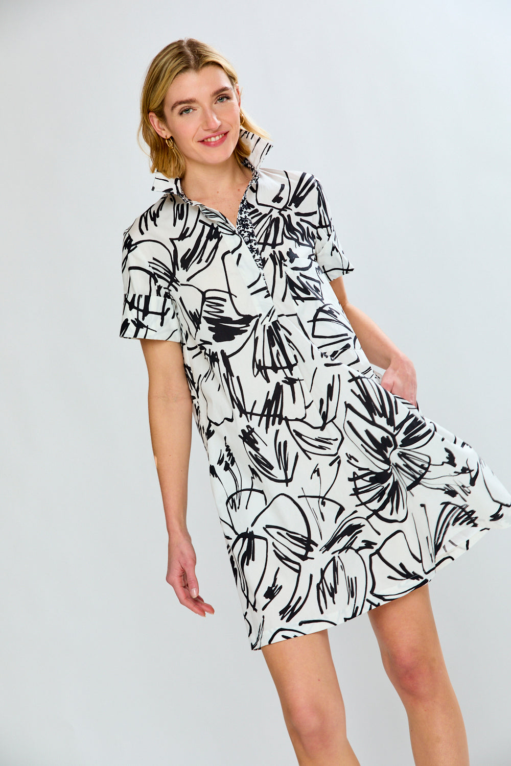 Woman in graphic floral dress