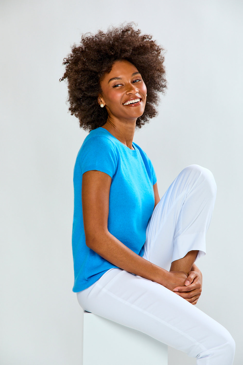 woman in blue t-shirt