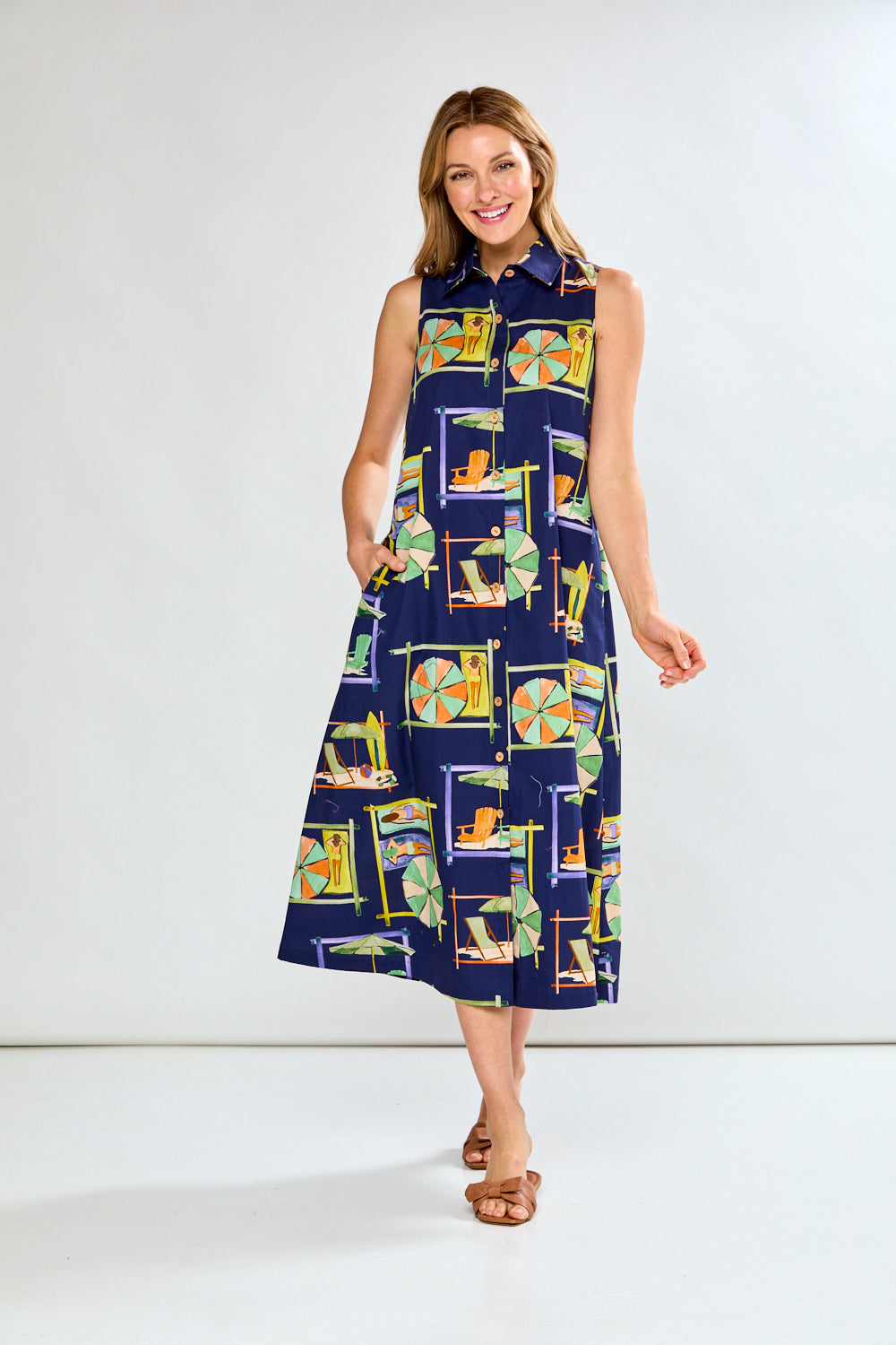 Woman in navy printed dress