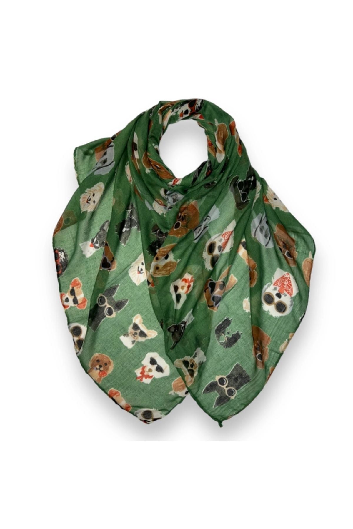 Green dog with sunglasses scarf