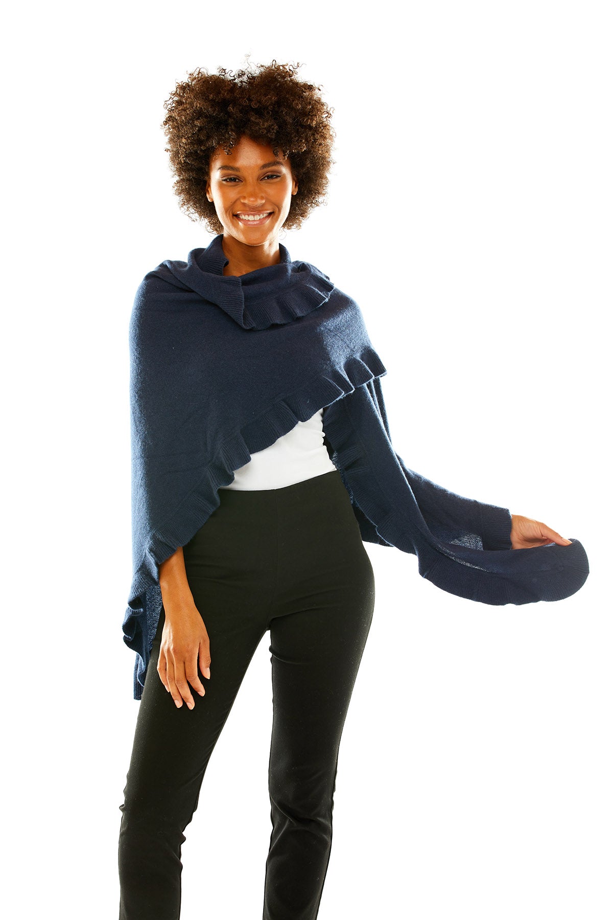 Navy cashmere wrap with ruffle edge. Perfect for everyday wear and as a cocktail attire accessory