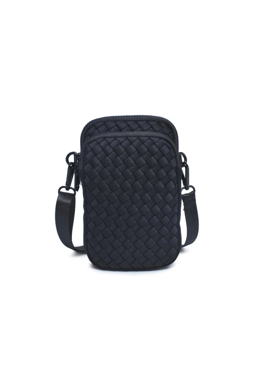 Black quilted crossbody bag on a white background
