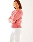 Woman in peony crew pullover