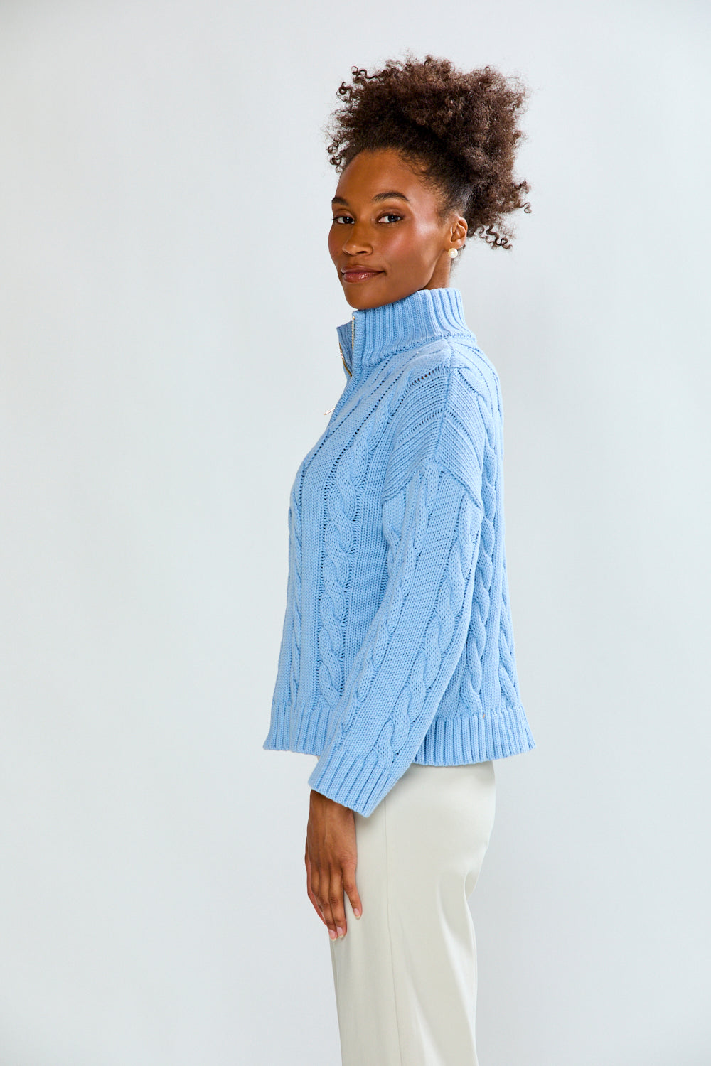 Woman wearing Cotton Cable Quarter Zip