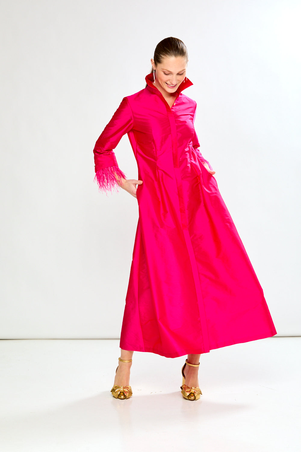 Fit And Flare Shirtdress W/Feathers At Cuff