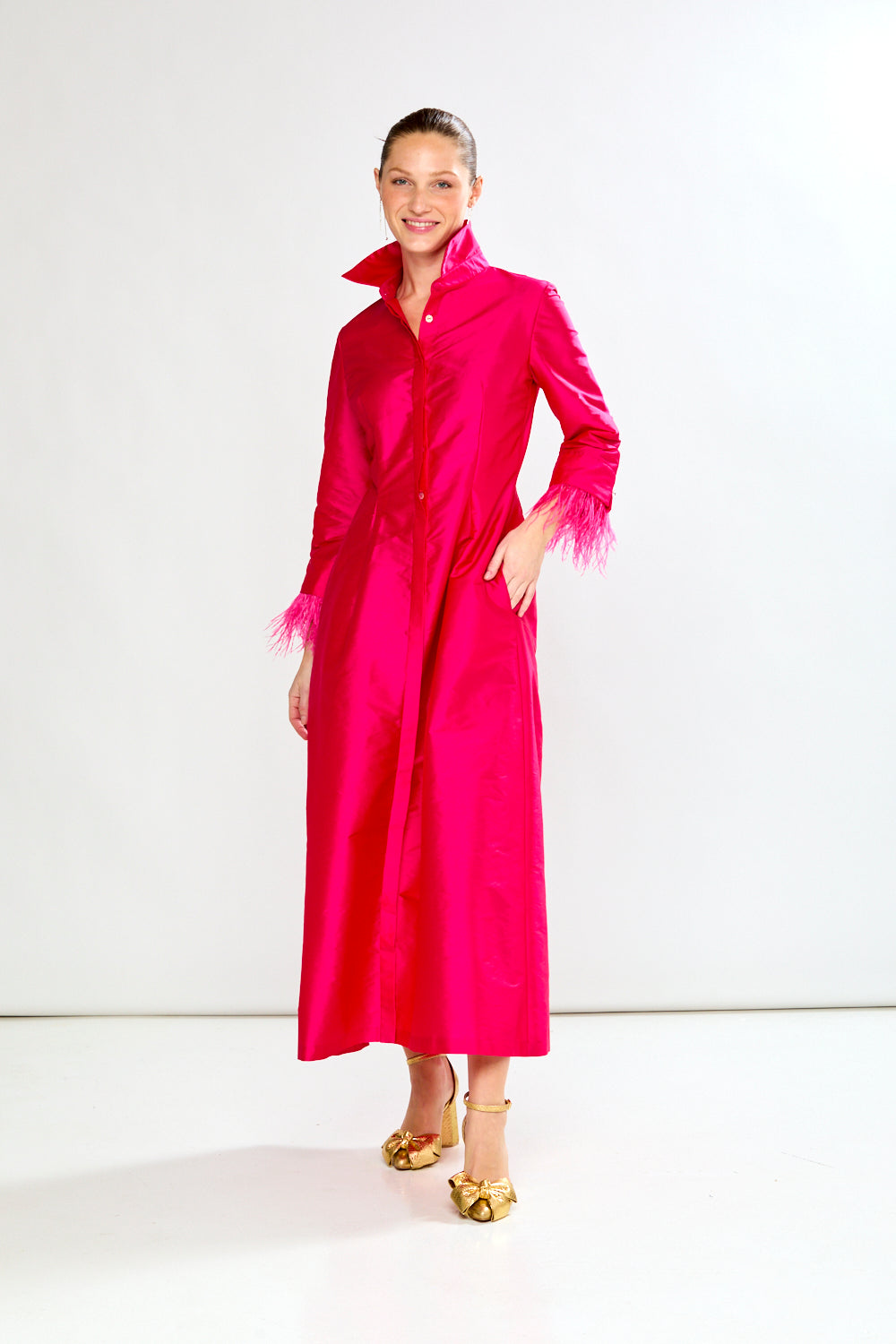 Fit And Flare Shirtdress W/Feathers At Cuff