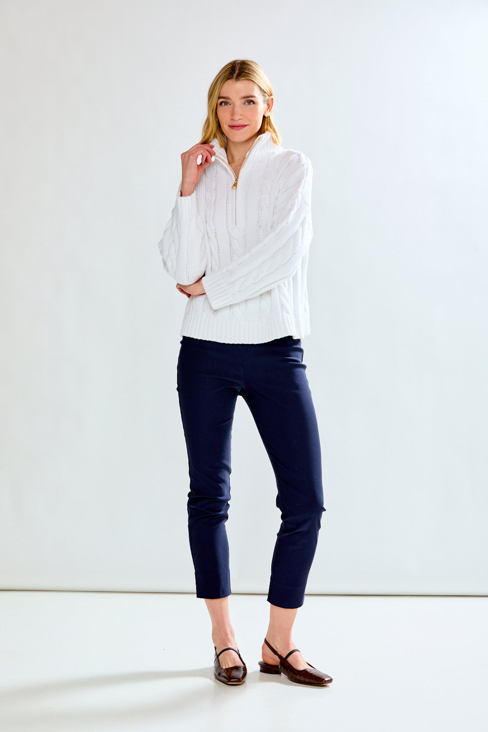 Woman wearing Cotton Cable Quarter Zip