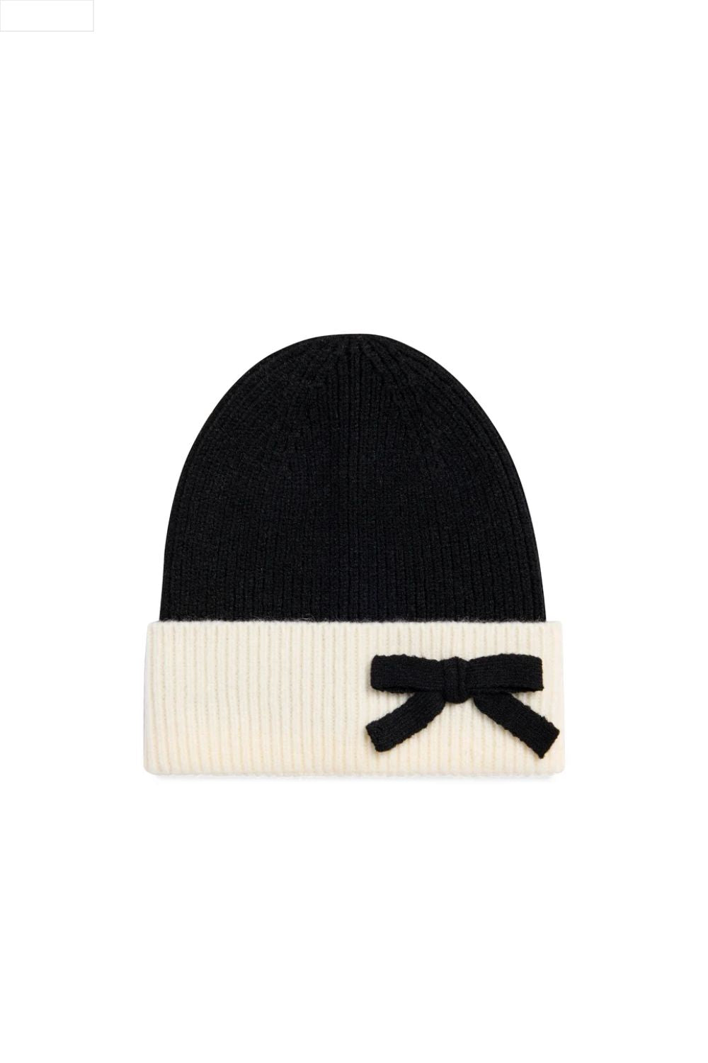 Black and white beanie with a bow on a white background