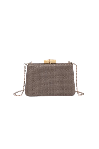 A mocha evening bag with a chain strap and a clasp closure, displayed against a white background.