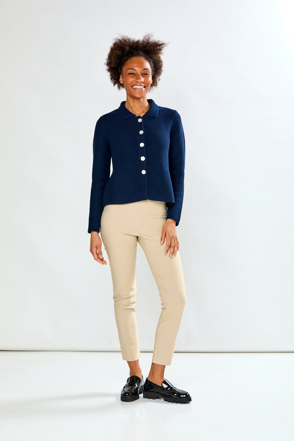 Woman in Navy Cardigan