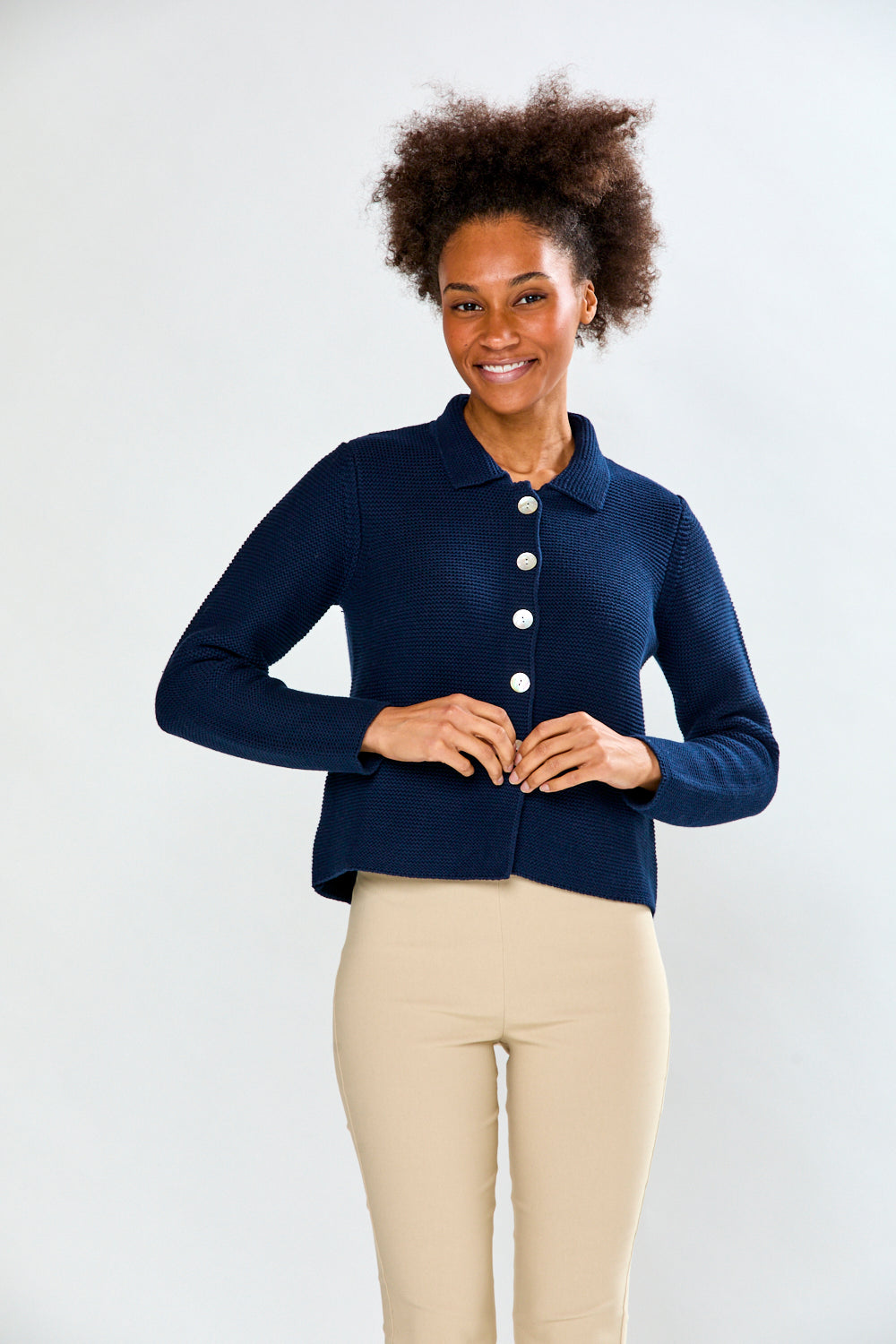 Woman in Navy Cardigan