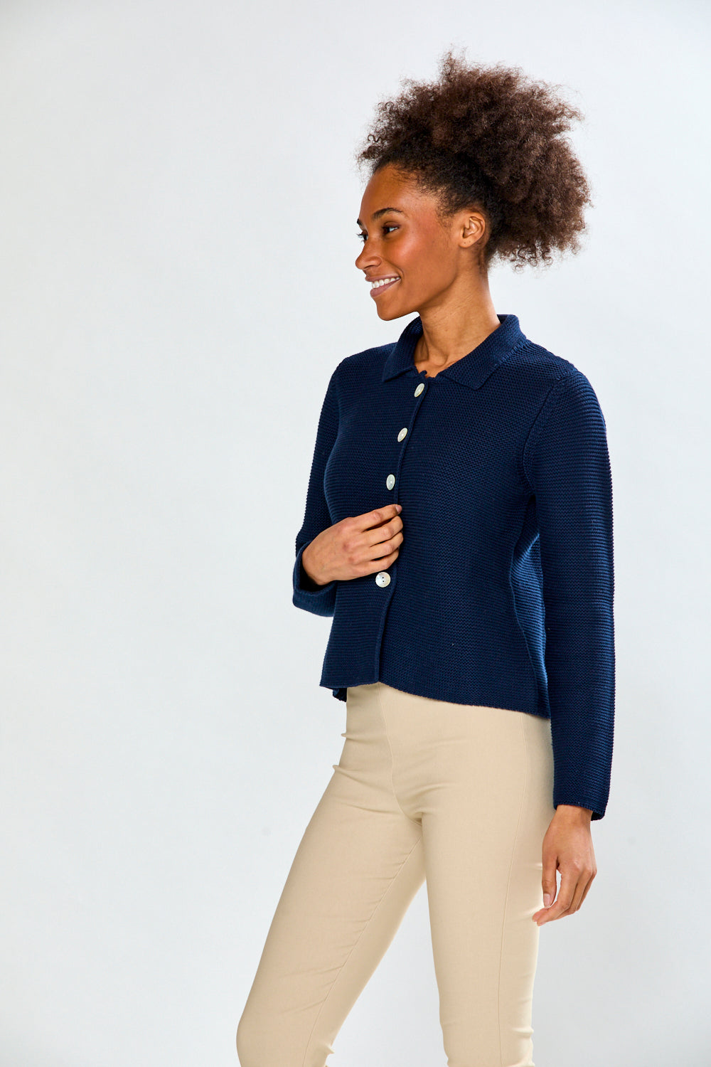 Woman in Navy Cardigan