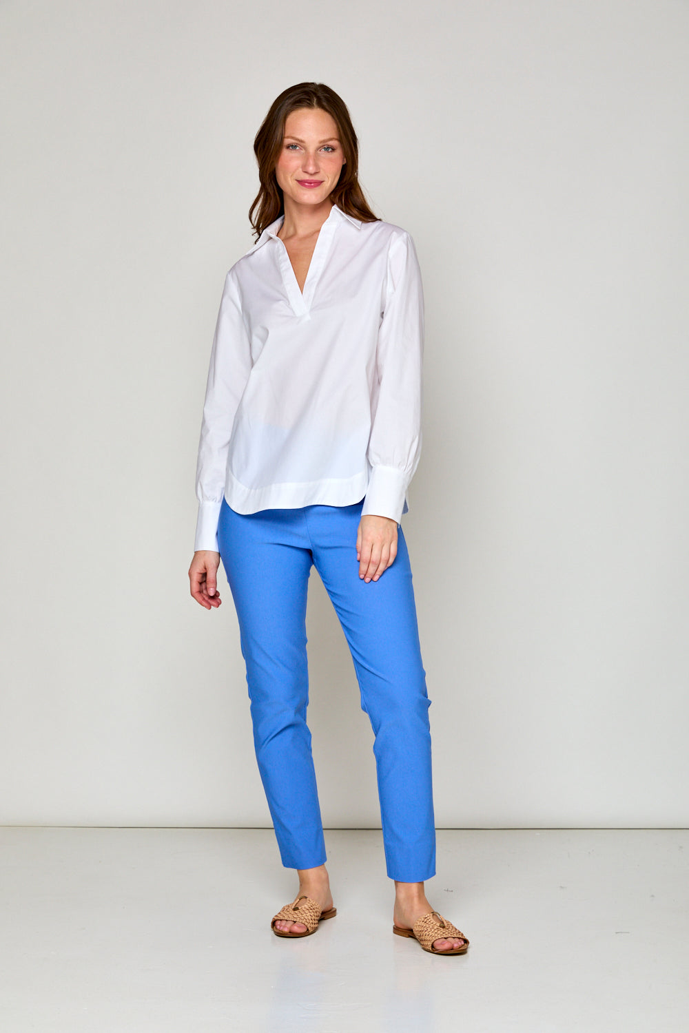 Woman in v neck collar shirt