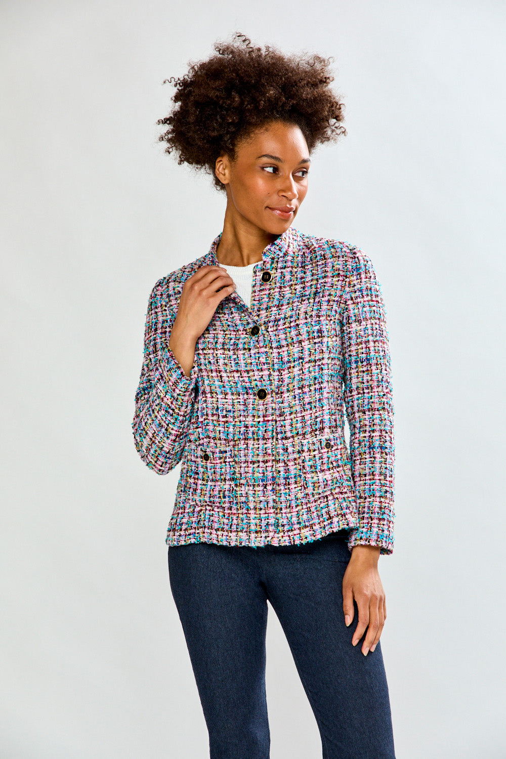 Woman in tweed jacket