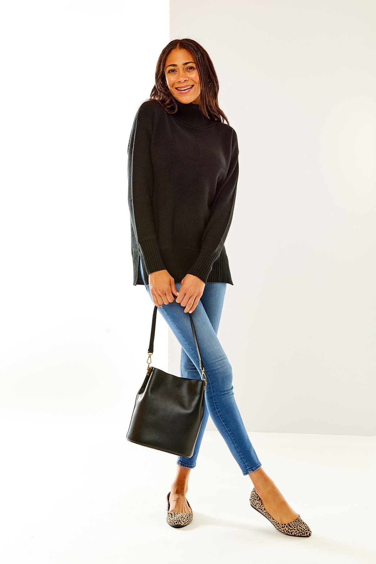 Woman in black mix rib tunic