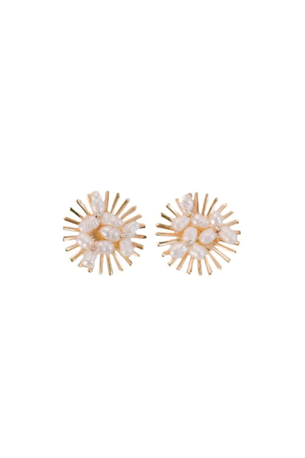 Pair of gold and pearl earrings on a white background