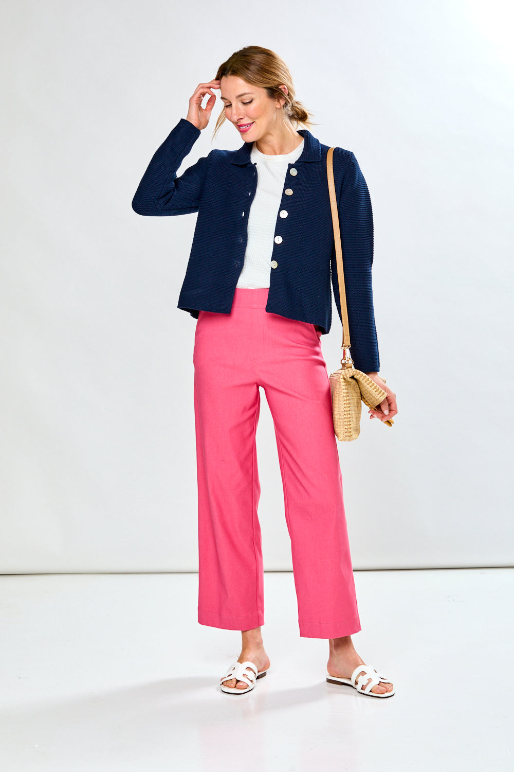 Woman in Navy Cardigan