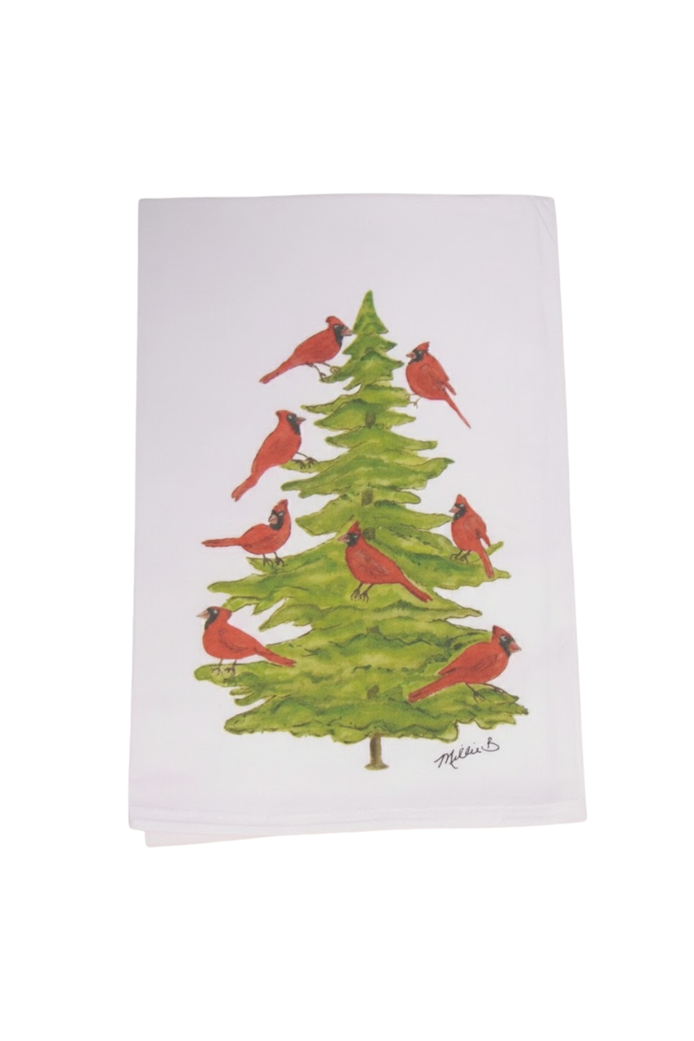 Towel with red cardinals and a Christmas tree design on a white background