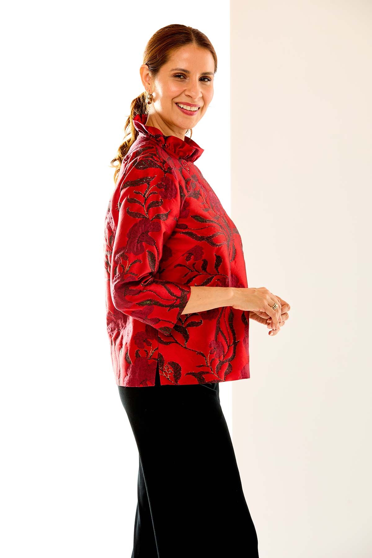 The Finch Blouse in red floral