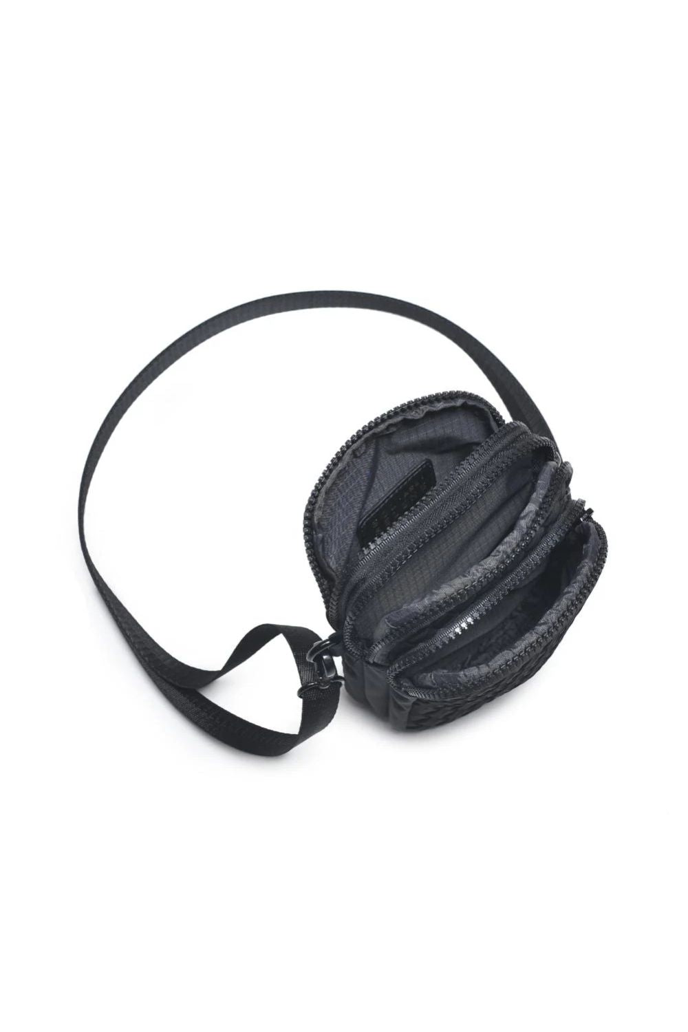 Black leather pouch with a strap on a white background
