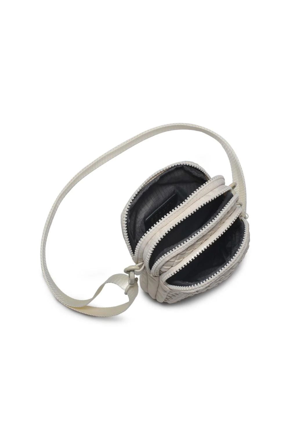 Cream woven crossbody bag on a white background