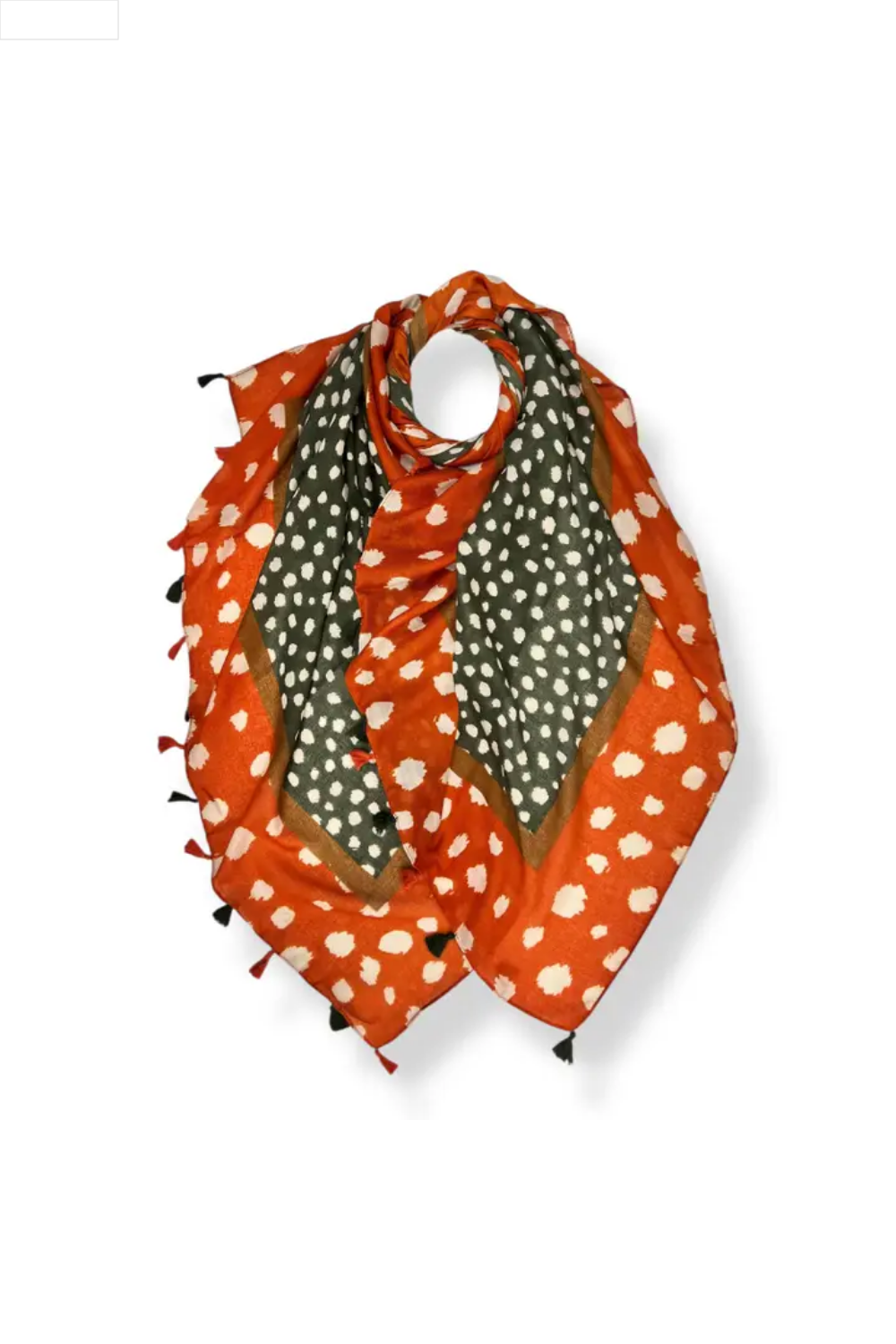 Orange scarf with white polka dots and green pattern on a white background