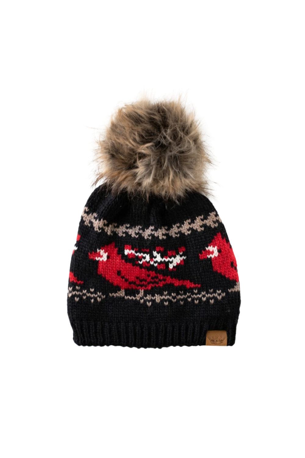 Knitted beanie with cardinal design and fur pom-pom on a white background