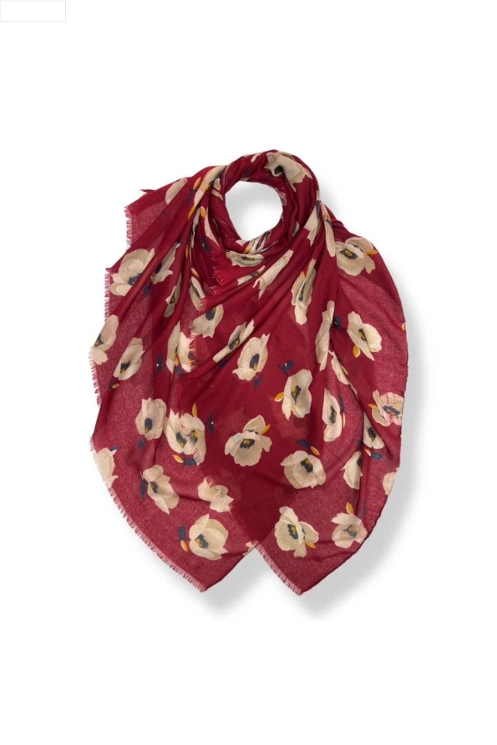 Red floral patterned scarf on a white background