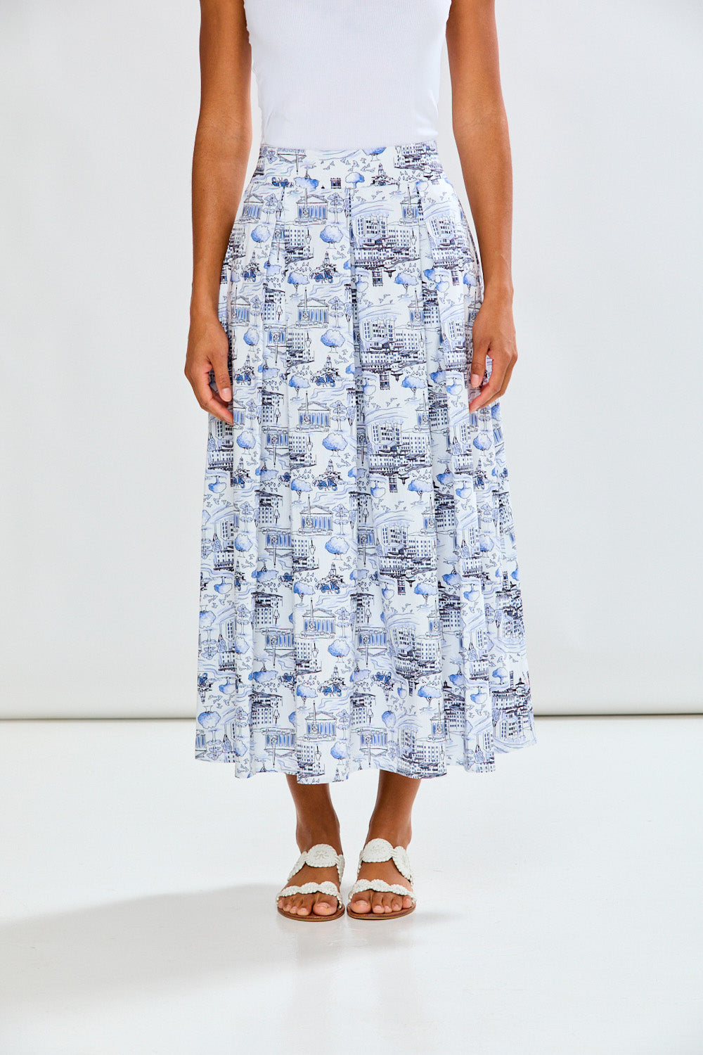 Woman wearing The Shirley Skirt in Cityscape Blue in Cityscape Blue