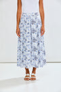 Woman wearing The Shirley Skirt in Cityscape Blue in Cityscape Blue