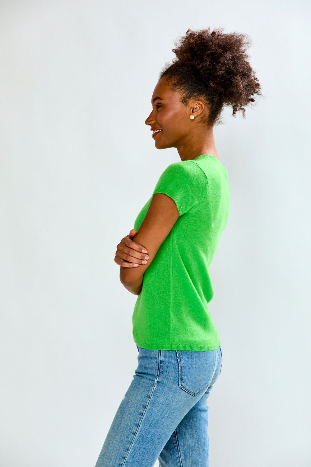 woman in green t-shirt