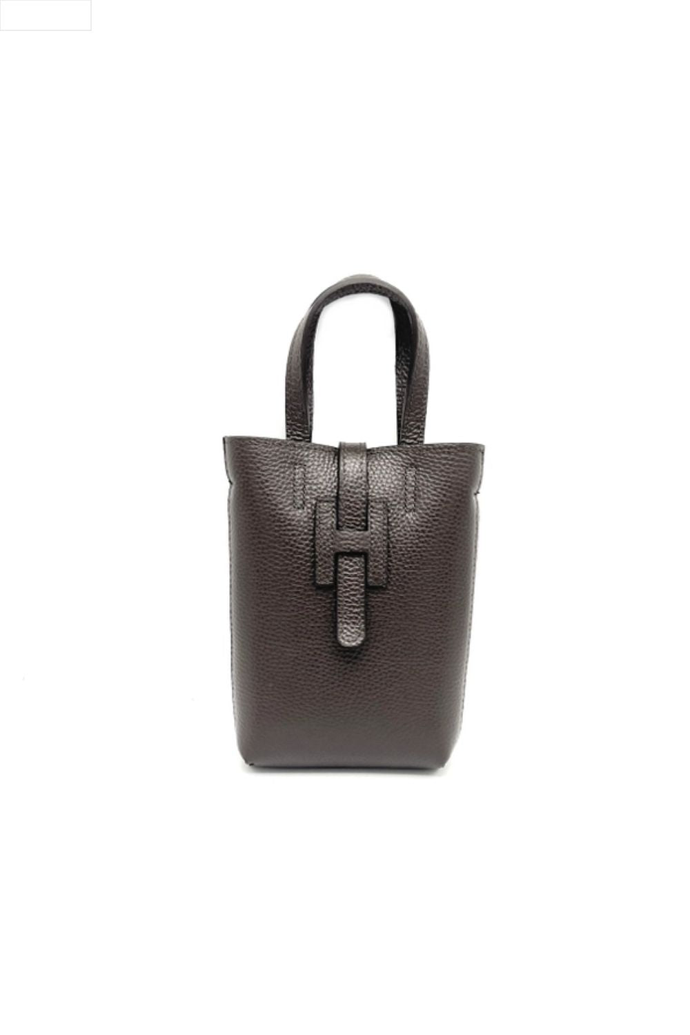 Dark brown leather handbag on a white background