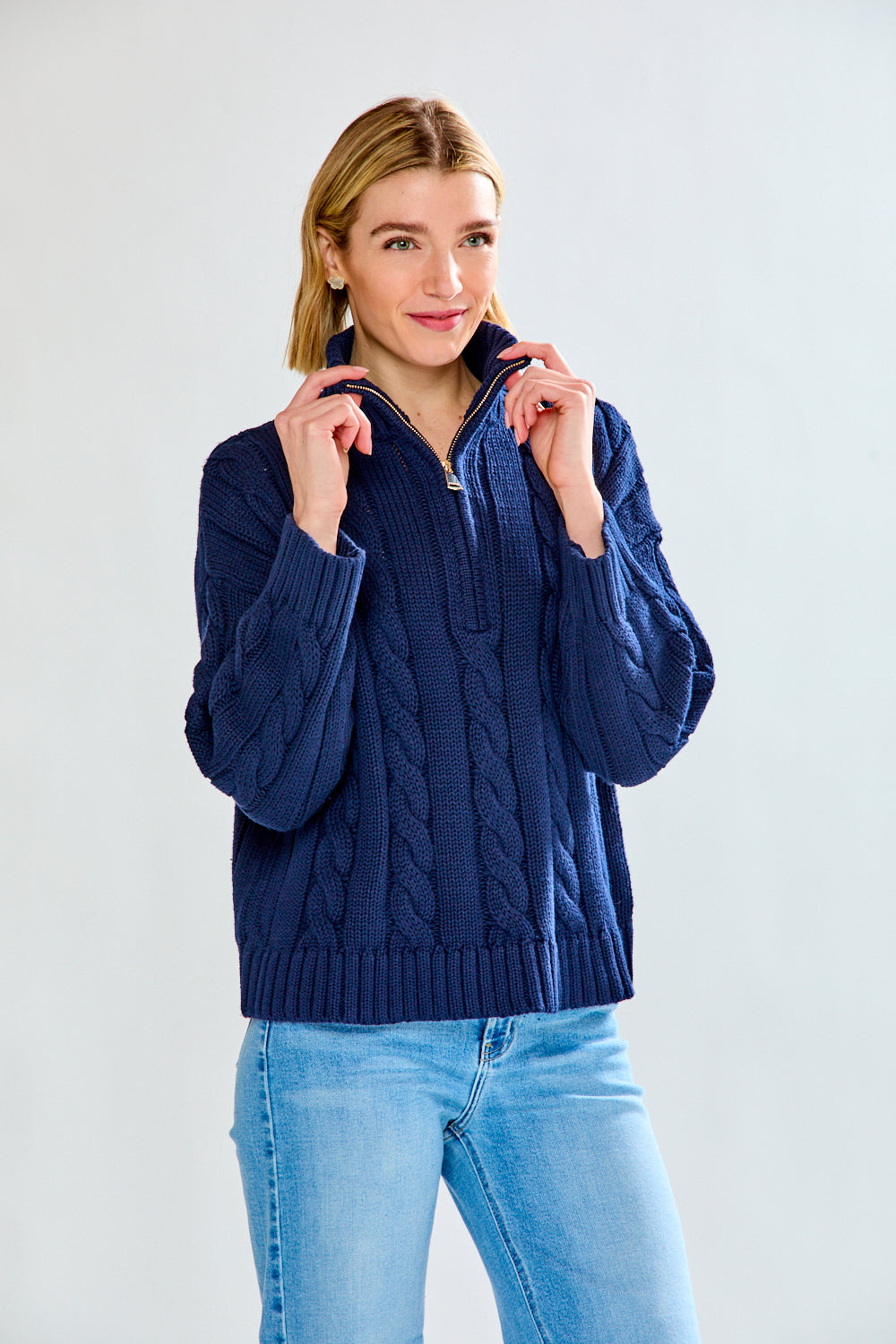 Woman wearing Cotton Cable Quarter Zip