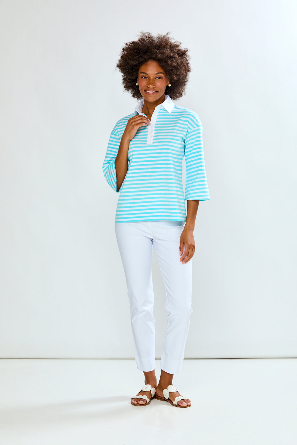 Woman in Aqua & White Stripe Top
